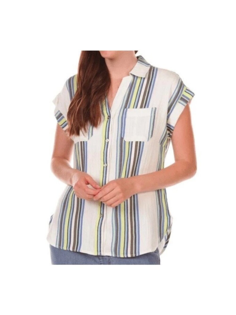 TRIBAL women's green blue vertical stripe cotton button cap sleeve Top size M